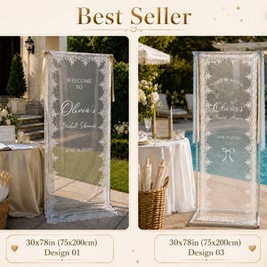 Personalisierte Spitze Brautdusche Willkommensschild, benutzerdefinierte schiere Brautdusche Banner, wunderliche Hen Do Decor, minimalistisches elegantes Stoffschild Bild 2