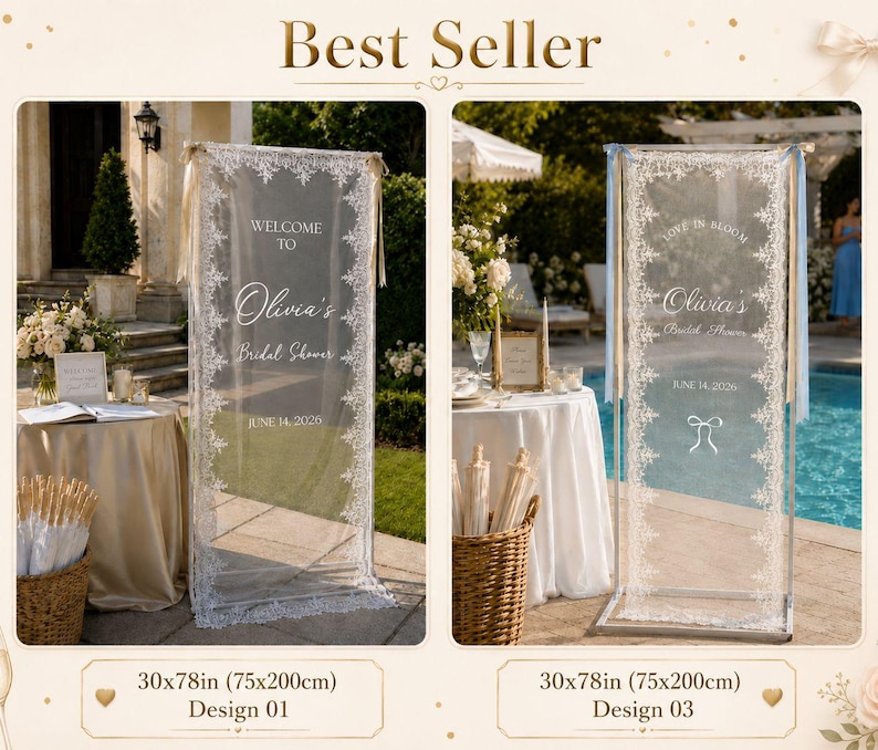 Personalisierte Spitze Brautdusche Willkommensschild, benutzerdefinierte schiere Brautdusche Banner, wunderliche Hen Do Decor, minimalistisches elegantes Stoffschild Bild 2