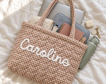 Personalized Quilted Tote Bag, Custom Crochet Name Gingham Shoulder Bag, Gifts For Best Friends, Thanksgiving Gifts, Gift For Her