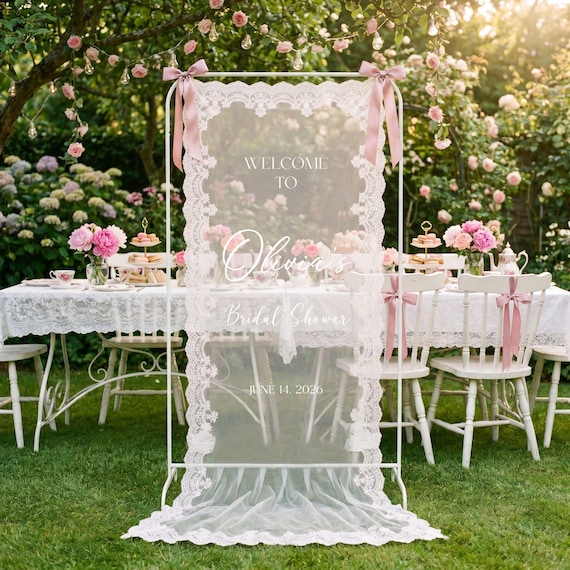 Personalized Lace Bridal Shower Welcome Sign, Custom Sheer Bride Shower Banner, Whimsical Hen Do Decor, Minimalist Elegant Cloth Sign