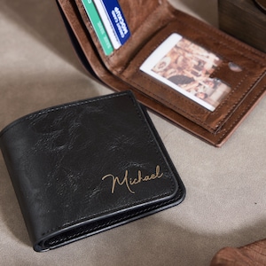 Portefeuille en cuir personnalisé, portefeuille personnalisé en cuir véritable gravé, cadeau d'anniversaire pour lui, cadeau pour petit ami, cadeaux de fête des pères