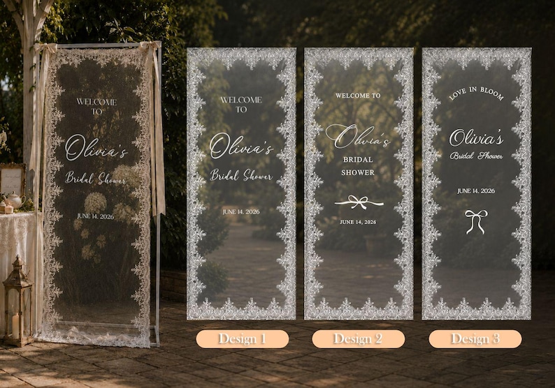 K&ouml;nnte beinhalten: Vier hohe, rechteckige, transparente Acryl-Willkommensschilder f&uuml;r eine Brautparty, jedes mit einem wei&szlig;en Spitzenmuster-Rand. Der Text lautet Welcome to Olivia's Bridal Shower, June 14, 2026, mit Variationen im Layout und dekorativen Schleifensymbolen.