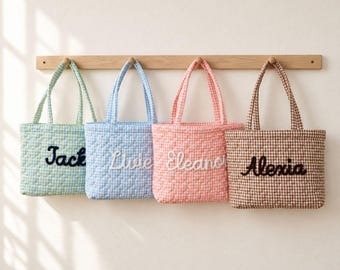Personalized Quilted Tote Bag, Custom Crochet Name Gingham Shoulder Bag, Christmas gift, Wedding Gifts, Gift For Her