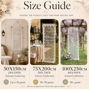K&ouml;nnte beinhalten: Ein Gr&ouml;&szlig;enleitfaden f&uuml;r Willkommensbanner aus Spitze mit drei Optionen: 50x150cm f&uuml;r bis zu 10 G&auml;ste, 75x200cm f&uuml;r 10-50 G&auml;ste und 100x250cm f&uuml;r 50+ G&auml;ste, mit dem Text Size Guide und Welcome to Olivia's Bridal Shower.