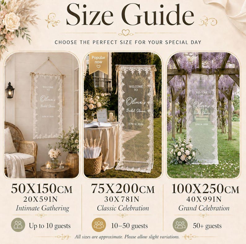 K&ouml;nnte beinhalten: Ein Gr&ouml;&szlig;enleitfaden f&uuml;r Willkommensbanner aus Spitze mit drei Optionen: 50x150cm f&uuml;r bis zu 10 G&auml;ste, 75x200cm f&uuml;r 10-50 G&auml;ste und 100x250cm f&uuml;r 50+ G&auml;ste, mit dem Text Size Guide und Welcome to Olivia's Bridal Shower.