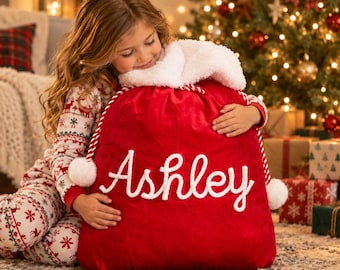2026 Personalised Christmas Sack, Custom Name Christmas Gift Bag, Santa Sack with Pom Poms, Reusable Holiday Present Bag, Gift for Kids