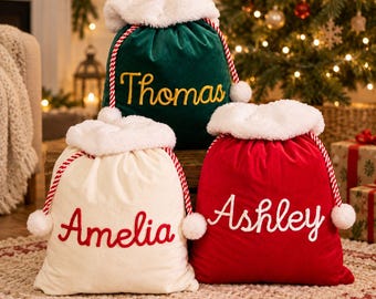 Personalised Christmas Sack, Custom Name Christmas Gift Bag, Large Santa Sack with Pom Poms, Reusable Holiday Present Bag, Gift for Kids