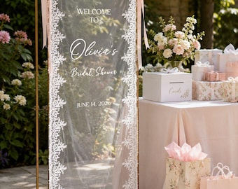 Benutzerdefinierte Spitze Brautdusche Willkommensschild, personalisierte schiere Braut Dusche Banner, minimalistisches elegantes Stoffschild, wunderliche Hen Do Decor
