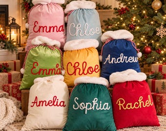 2026 Christmas Sack, Personalised Christmas Gift Bag, Custom Name Santa Sack with Pom Poms, Reusable Holiday Present Bag, Gift for Kids