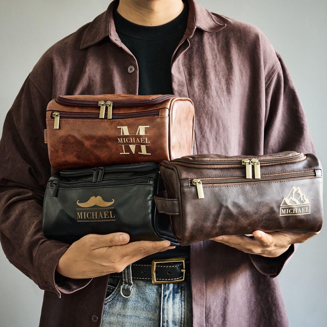 Men's Leather Toiletry Bag, Personalized Engraved Dopp Kit, Groomsmen ...