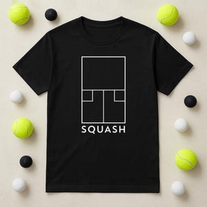 Minimalist Squash Court Crest T-Shirt - Modern Sports Graphic Tee for Squash Lovers