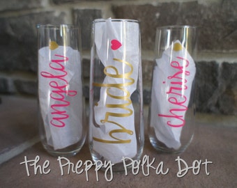 Personalized Stemless BRIDE Bridal Party Champagne Glass