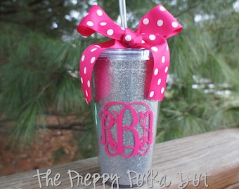 Monogram Personalized 16oz GLITTER Tumbler Cup With Lid & Straw