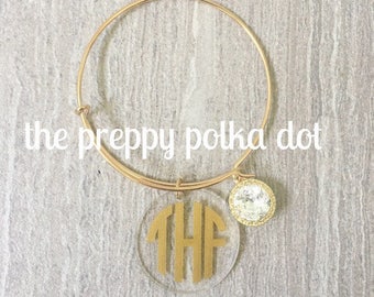 Wire Bangle Bracelet with Crystal and Monogram Charm