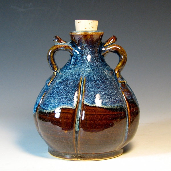 Ceramic bottle handmade serving vinegar oil artisan kitchen, glazed in deep caramel brown and blue, handmade by Hughes Pottery