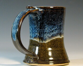 MTO Coffee mug ceramic beer tankard cup stein, glazed in caramel brown blue and cream, handmade 4-6 Weeks