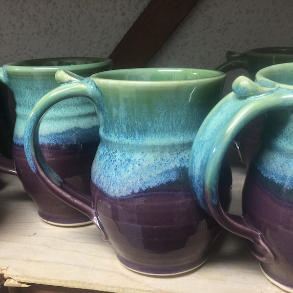 READY TO SHIP, Coffee mug ceramic, tea cup pottery, glazed in purple and green, handmade stoneware by hughes pottery hand made