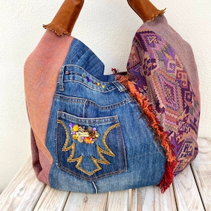 Sac en jean, sac vintage fait main, sac en tissu artisanal, sac femme, grand sac, sac original, bleu, cadeau pour elle