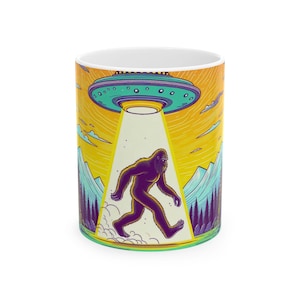 Alien Abduction Ceramic Mug, Funny Bigfoot UFO Tea Cup, Yeti Extraterrestrial Coffee Mug, Cryptid Space Aliens Gift, Sasquatch Area 51