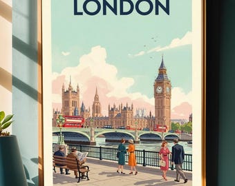 Puede incluir: Un póster enmarcado de Londres con un marco dorado, con el Big Ben y el Parlamento. El póster tiene un fondo azul claro con la palabra "LONDON" en la parte superior. Un tocadiscos rojo se encuentra debajo.
