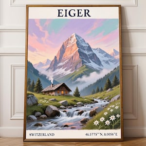 Impresión artística del Eiger, paisaje de montaña, cielo rosa, pico nevado, técnica mixta
