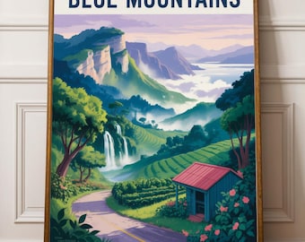 Blue Mountains Jamaica Art Print – Mixed Media, Blues and Greens, Landscape Style