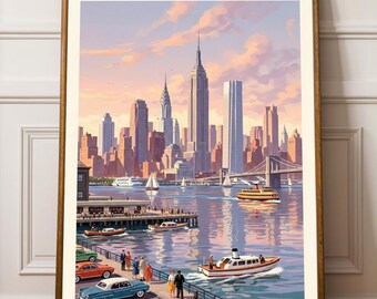 Vintage New York City Skyline Poster – Retro Travel Art Print