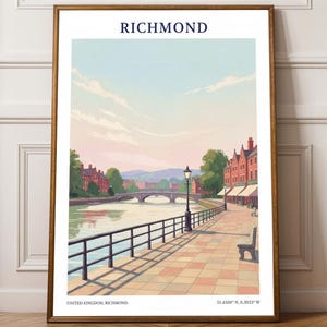 May include: A framed print of Richmond, UK, showing a river scene with a bridge, buildings, and a promenade. The artwork has a vintage style, with a color palette of blues, greens, and reds. The print includes the text "RICHMOND" at the top.
