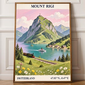 Mount Rigi Art Print – Vintage Travel Style, Pink Sky and Teal Lake