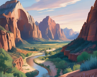 May include: A vintage-style travel poster for Zion National Park. The image features a scenic view of the park's canyon with a river winding through it. The text "ZION NATIONAL PARK" is at the top, with "UTAH, USA" at the bottom.