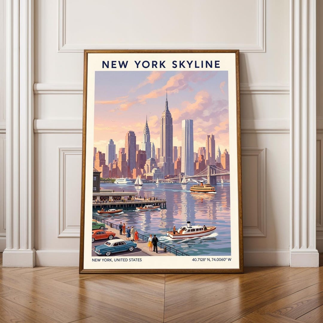 Vintage New York City Skyline Poster – Retro Travel Art Print - Etsy