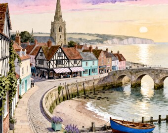 Rye Kunstdruck - Aquarell, Küstenstadt, East Sussex Palette, Küstensonnenuntergang