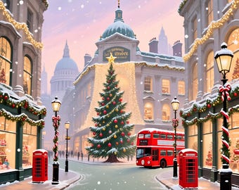 Op de afbeelding: Een geïllustreerde winterscène van Oxford Street in Londen, met sneeuwval. Een versierde kerstboom staat in het midden, met een rode dubbeldekkerbus en rode telefooncellen. De tekst "OXFORD STREET" staat bovenaan.