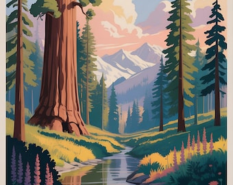 May include: A vintage-style poster for Sequoia National Park. The artwork depicts a serene landscape with a river, towering redwood trees, and mountains under a pastel sky. Text at the top reads "SEQUOIA NATIONAL PARK". The bottom text reads "CALIFORNIA, USA" and coordinates.