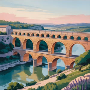 May include: A digital art print of the Pont du Gard aqueduct in Occitanie, France. The image features the Roman bridge over a river, with a blue sky and green landscape. Text at the top reads "PONT DU GARD".