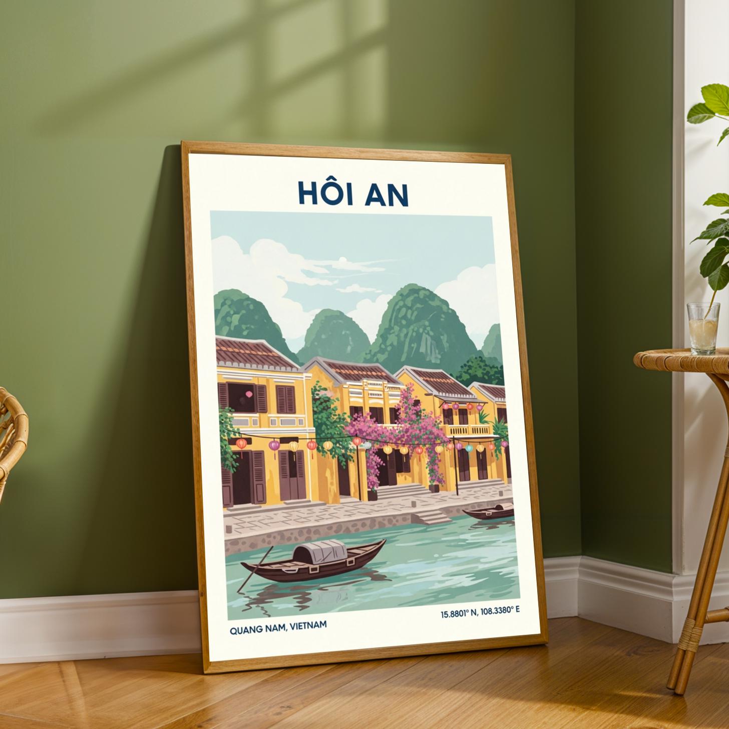 ホイアン川沿いの風景ポスター – 黄色と緑のベトナム美術 | 現代都市