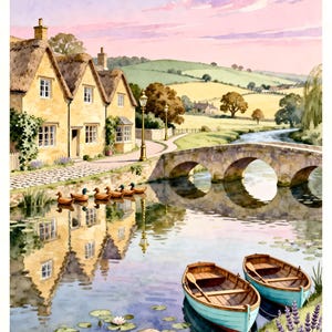 #1767　額入大きな水彩画　英国「ボートン・オン・ザ・ウォーター」原画、風景画 バートンオンザウォーター - Etsy 日本