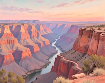 May include: An artistic rendering of the Grand Canyon at sunset. The image features the canyon's layered rock formations in shades of red and orange, with a winding river below. The sky transitions from pink to blue, with the text "GRAND CANYON" at the top.
