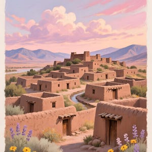 Puede incluir: Una representación artística de Taos Pueblo, Nuevo México, EE. UU., con edificios de adobe bajo un cielo rosa y azul. La imagen incluye el texto "TAOS PUEBLO" en la parte superior y coordenadas en la parte inferior. Flores amarillas y moradas en primer plano.