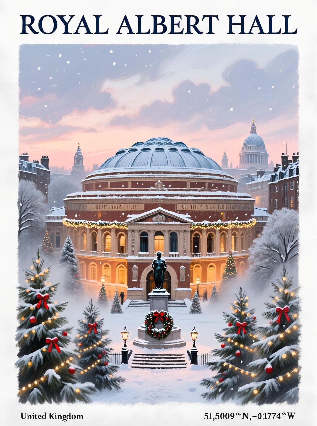 Royal Albert Hall Art Print – Winter London, Christmas Scene, Mixed ...