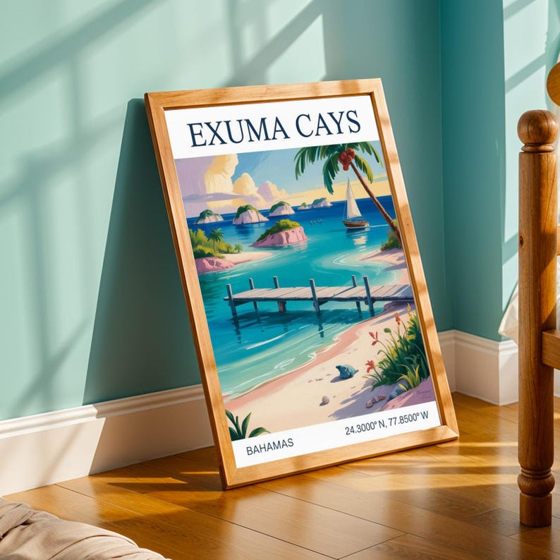 Exuma Poster Exuma Cays Poster – Tropical Gouache Style, Blue Turquoise Sea and Pink ...