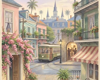 May include: A vintage-style print of New Orleans, Louisiana, featuring a green streetcar, colorful buildings, and the text "NEW ORLEANS" at the top. The image includes a street scene with a band playing under an awning.