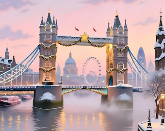Puede incluir: Ilustración invernal del Tower Bridge en Londres, con el texto "TOWER BRIDGE". El puente está decorado con luces festivas y una estrella. La imagen incluye el texto "United Kingdom" y coordenadas.