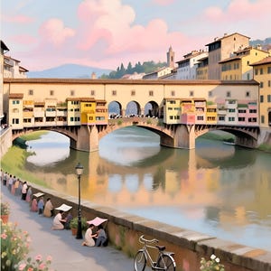 Impresión del Ponte Vecchio: Póster de viaje a la ribera del río Toscana, Italia
