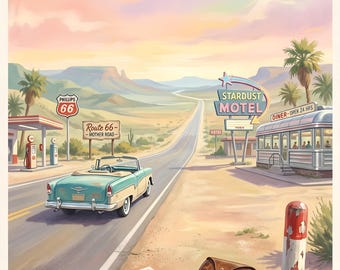 May include: A vintage-style illustration of Route 66, featuring a classic convertible, a diner, and a motel under a sunset sky. The image includes a map, gloves, and sunglasses, with the text "ROUTE 66" and "UNITED STATES".
