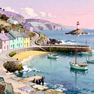 Può includere: Illustrazione ad acquerello di Tobermory, Scozia, con edifici colorati lungo una baia. L'immagine include barche a vela, un faro e il testo "TOBERMORY" in alto. La parte inferiore dell'immagine include il testo "Scotland" e le coordinate.