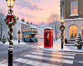 Op de afbeelding: Een winterse illustratie van Abbey Road in Londen, met een rode telefooncel, een turquoise dubbeldekkerbus en lantaarnpalen versierd met kerstkransen. De tekst "Abbey Road" staat bovenaan en "United Kingdom" onderaan.