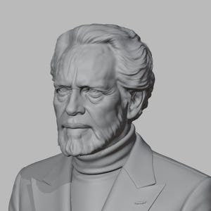 May include: A monochromatic gray bust sculpture depicting a middle-aged person with a textured beard, mustache, and wavy hair. The figure wears a high-neck sweater under a collared jacket, featuring detailed facial lines and realistic skin texture.