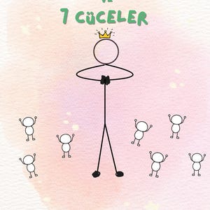 May include: A whimsical illustration with the text "ÇUBUK PRENS VE 7 CÜCELER" in yellow and green. A stick figure wearing a crown is surrounded by seven smaller stick figures. The text "BİR YOGA MASALI" and "4-12 YAŞ" are also present.