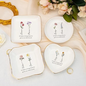 Personalized Birth Flower Jewelry Dish, Wedding Bridesmaid Gift,Best Friend Flower Ring Dish,Birthday Gift for Bestie,Gift for Her,Mom,Women